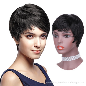 Short bob Wigs with Bangs Human Hair Wig Pixie Cut Curly Wigs for Black Women natural black with part style
